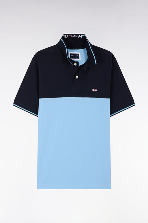 Straight-fit short-sleeved polo shirt in sky blue cotton piqué with jacquard collar - Image 2