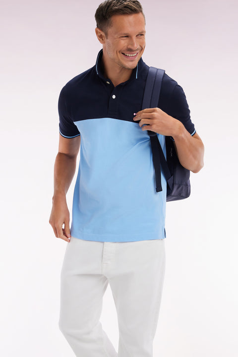 Straight-fit short-sleeved polo shirt in sky blue cotton piqué with jacquard collar - Image 3