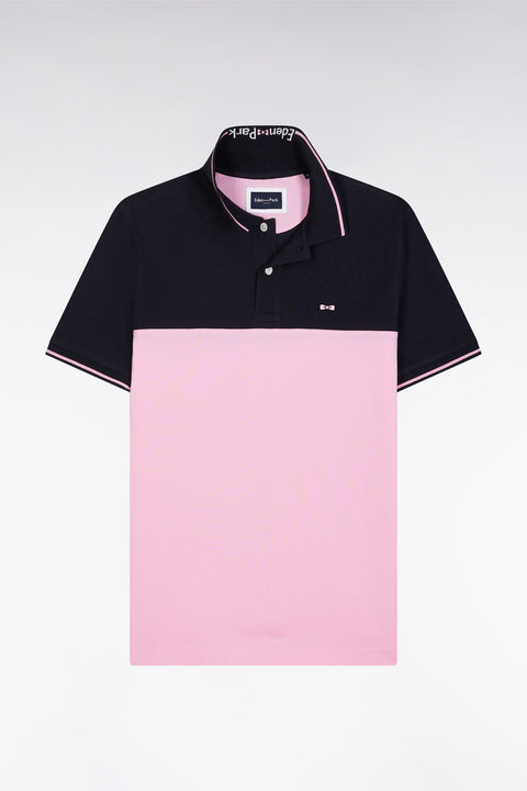 Straight-fit short-sleeved polo shirt in pink cotton piqué with jacquard collar - Image 1