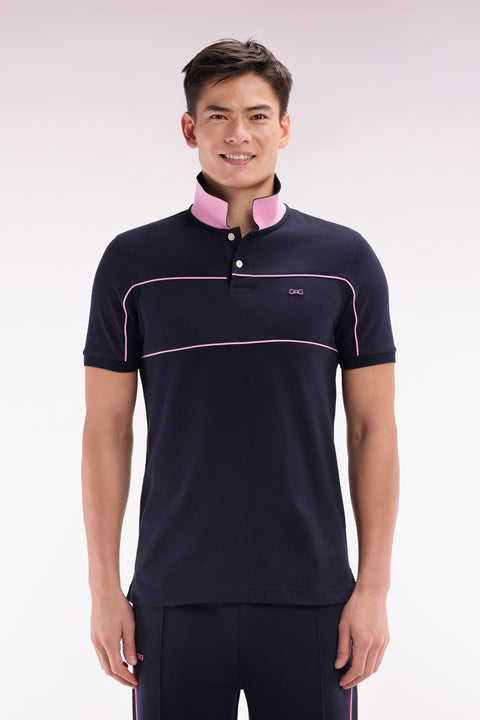 Straight-fit short-sleeved polo shirt in navy cotton piqué with piped cut-outs - Image 1