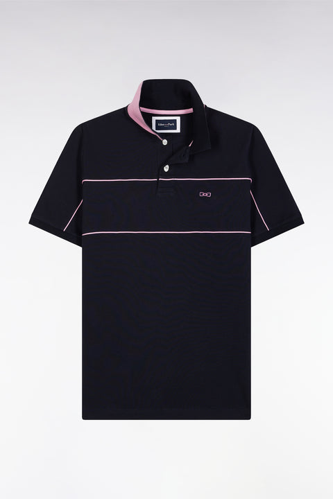 Straight-fit short-sleeved polo shirt in navy cotton piqué with piped cut-outs - Image 2
