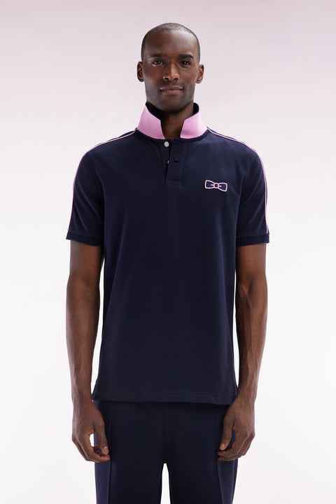 Straight-fit short-sleeved polo shirt in navy cotton with contrasting piping - Image 1