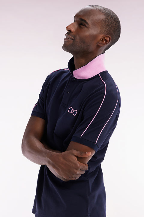 Straight-fit short-sleeved polo shirt in navy cotton with contrasting piping - Image 3