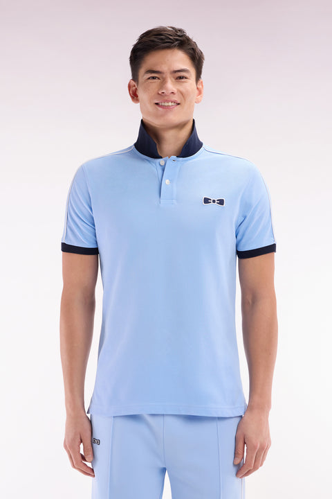 Straight-fit short-sleeved polo shirt in sky blue cotton with contrasting piping - Image 1