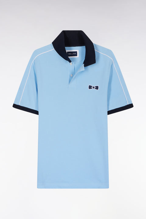 Straight-fit short-sleeved polo shirt in sky blue cotton with contrasting piping - Image 2