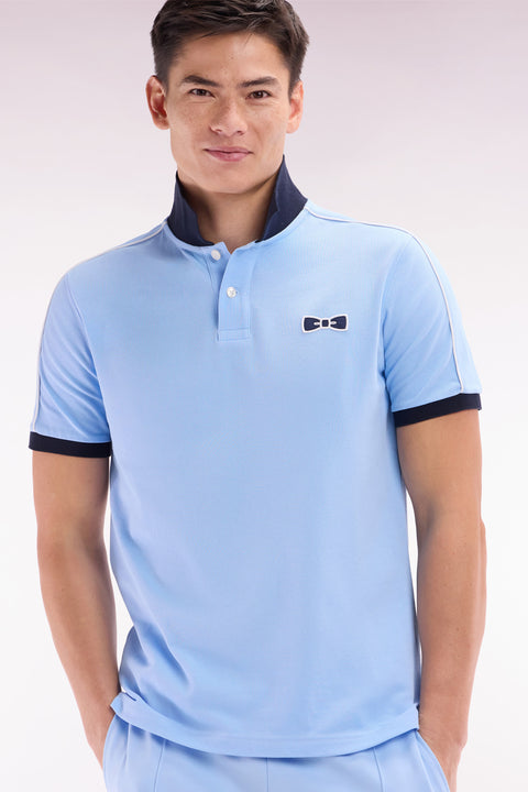Straight-fit short-sleeved polo shirt in sky blue cotton with contrasting piping - Image 3