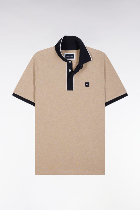 Polo uni à manches courtes en coton stretch beige passepoil contrasté coupe ajustée - Image 2
