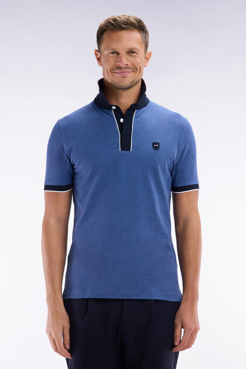Polo uni à manches courtes en coton stretch bleu passepoil contrasté coupe ajustée - Image 1