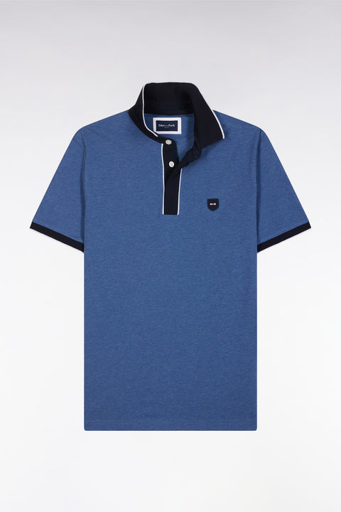 Polo uni à manches courtes en coton stretch bleu passepoil contrasté coupe ajustée - Image 2