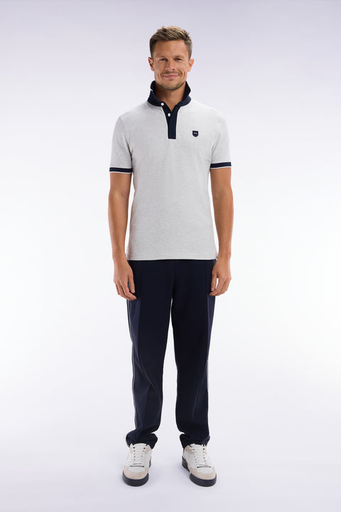 Polo uni à manches courtes en coton stretch gris passepoil contrasté coupe ajustée - Image 1