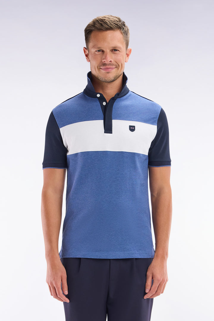 Polo à manches courtes en coton stretch bleu bande contrastée coupe ajustée