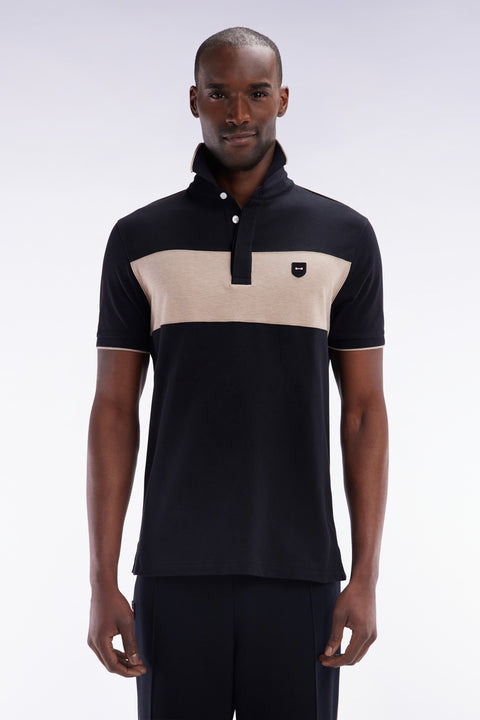 Polo à manches courtes en coton stretch noir bande contrastée coupe ajustée - Image 1