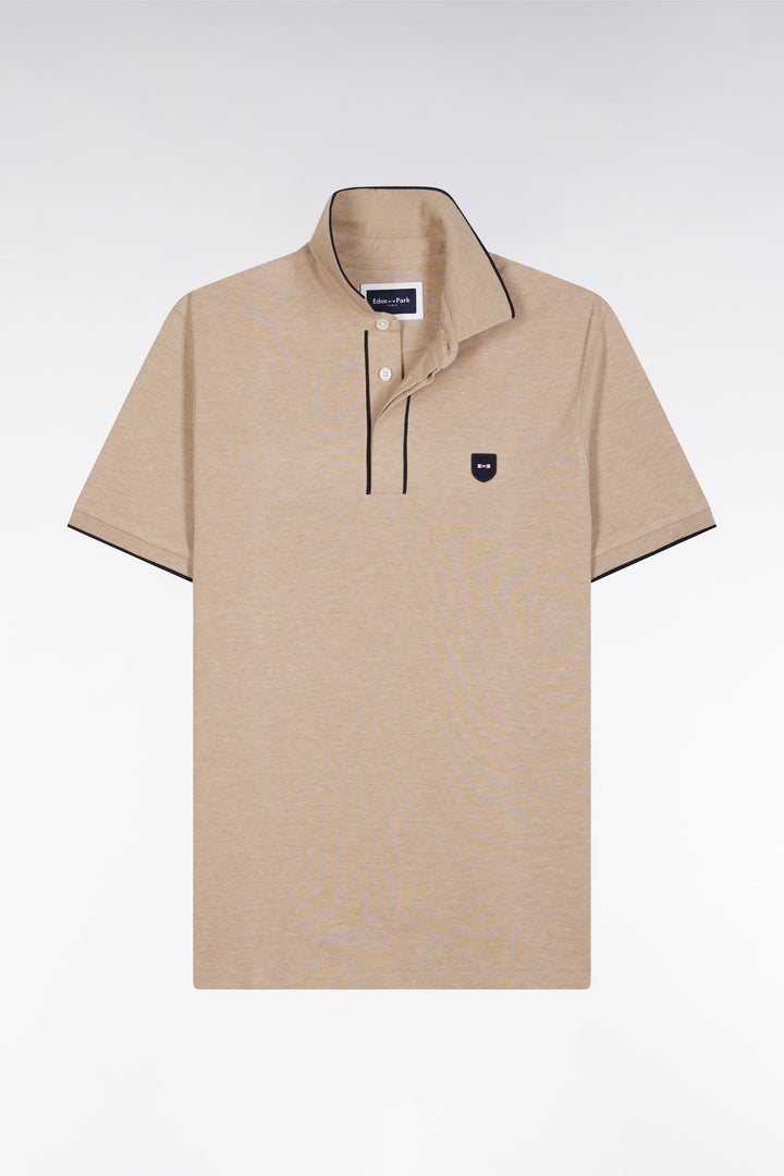 Polo à manches courtes en piqué de coton chiné stretch beige coupe ajustée