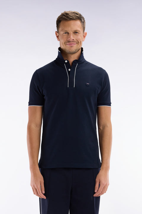 Polo à manches courtes en piqué de coton chiné stretch marine coupe ajustée - Image 1