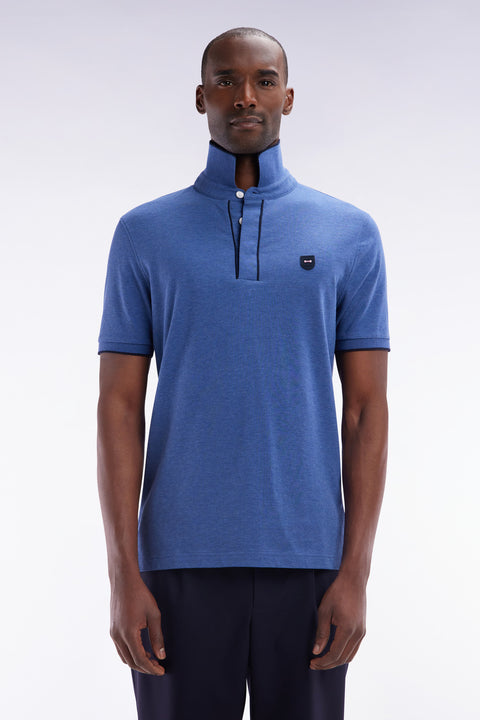 Polo à manches courtes en piqué de coton chiné stretch bleu foncé coupe ajustée - Image 1