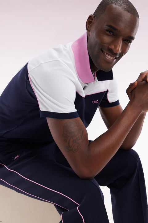 Straight-cut navy blue colorblock short-sleeved cotton piqué polo shirt - Image 3