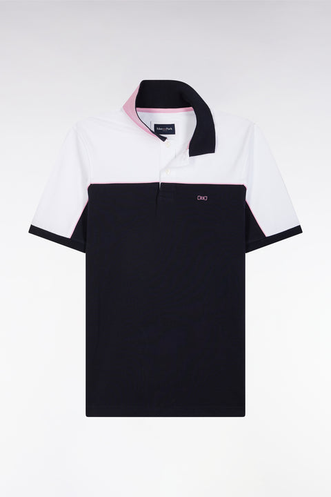 Straight-cut navy blue colorblock short-sleeved cotton piqué polo shirt - Image 2