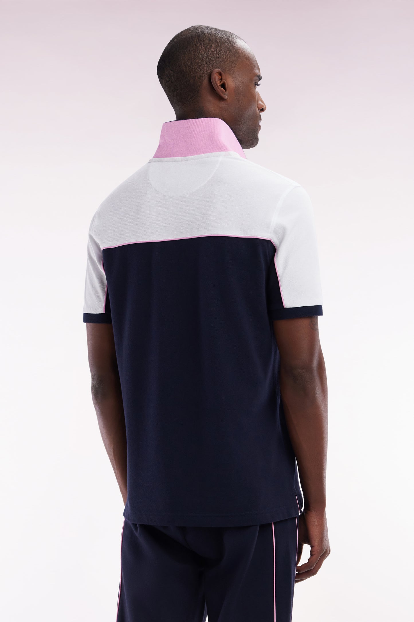 Straight-cut navy blue colorblock short-sleeved cotton piqué polo shirt