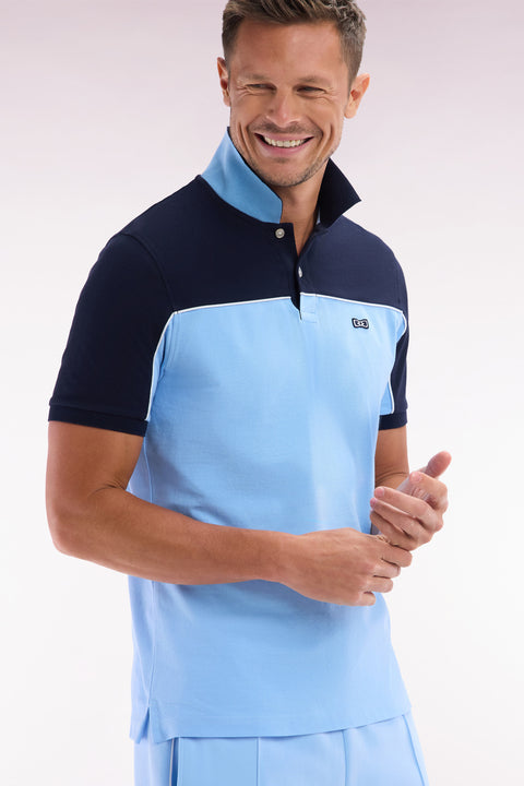 Straight-cut sky blue colorblock short-sleeved cotton piqué polo shirt - Image 3