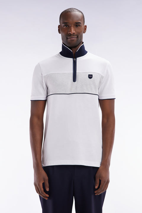 Polo à manches courtes en piqué de coton chiné stretch blanc détails contrastés coupe ajustée - Image 1