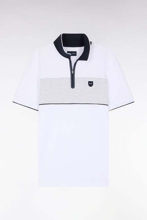 Polo à manches courtes en piqué de coton chiné stretch blanc détails contrastés coupe ajustée - Image 2