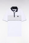 Slim-fit short-sleeved polo shirt in white stretch mottled cotton piqué with contrasting accents