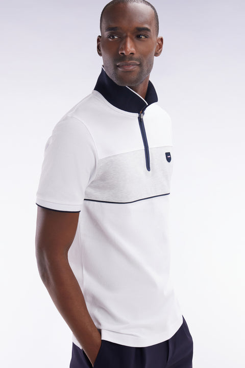 Polo à manches courtes en piqué de coton chiné stretch blanc détails contrastés coupe ajustée - Image 3