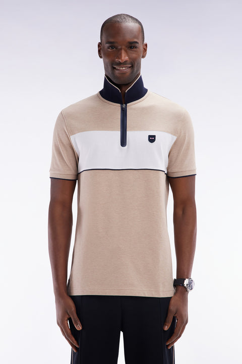 Polo à manches courtes en piqué de coton chiné stretch beige détails contrastés coupe ajustée - Image 1