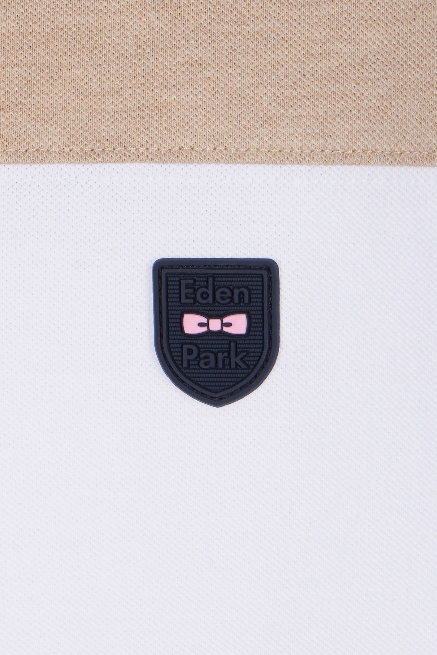 Slim-fit short-sleeved polo shirt in beige stretch mottled cotton piqué with contrasting accents