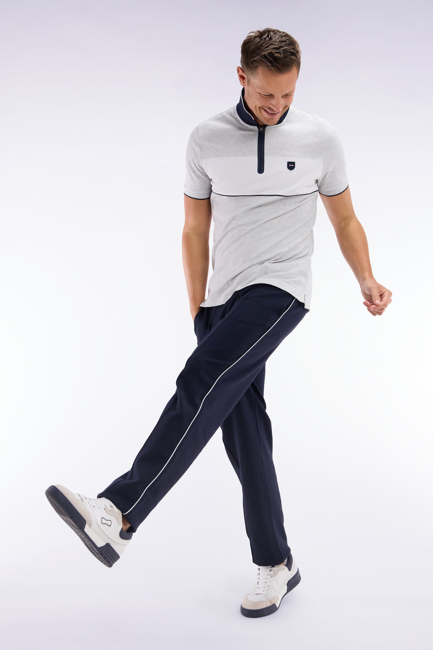 Slim-fit short-sleeved polo shirt in mottled grey stretch cotton piqué with contrasting accents