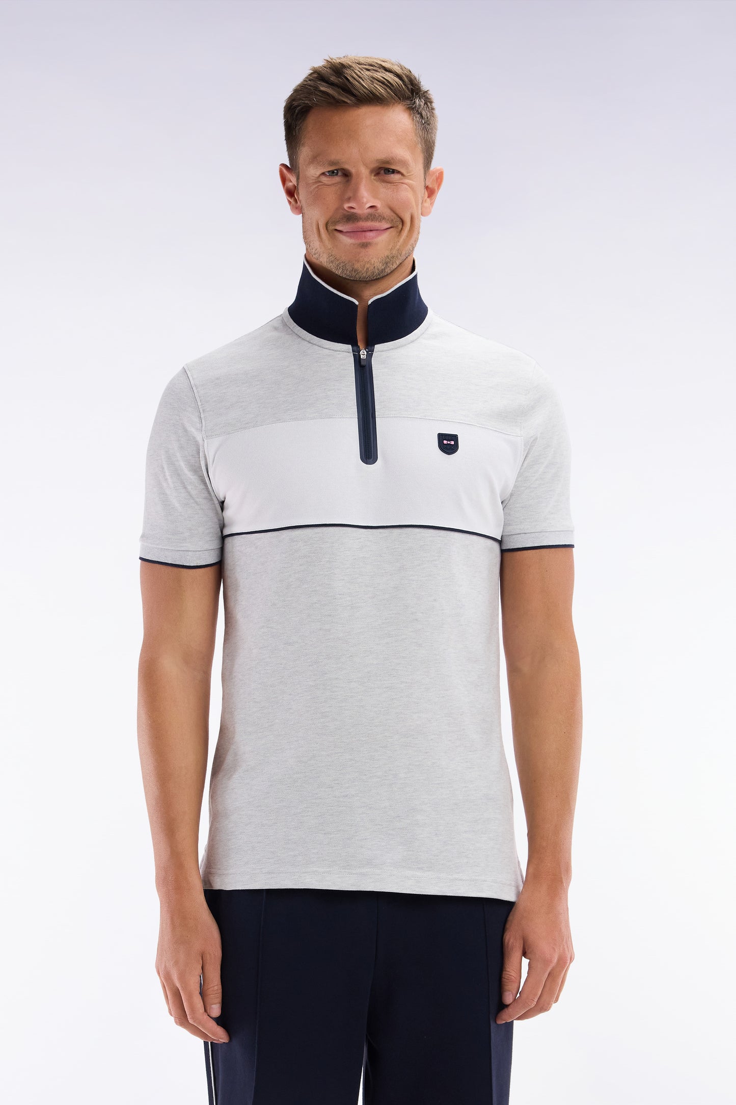 Slim-fit short-sleeved polo shirt in mottled grey stretch cotton piqué with contrasting accents
