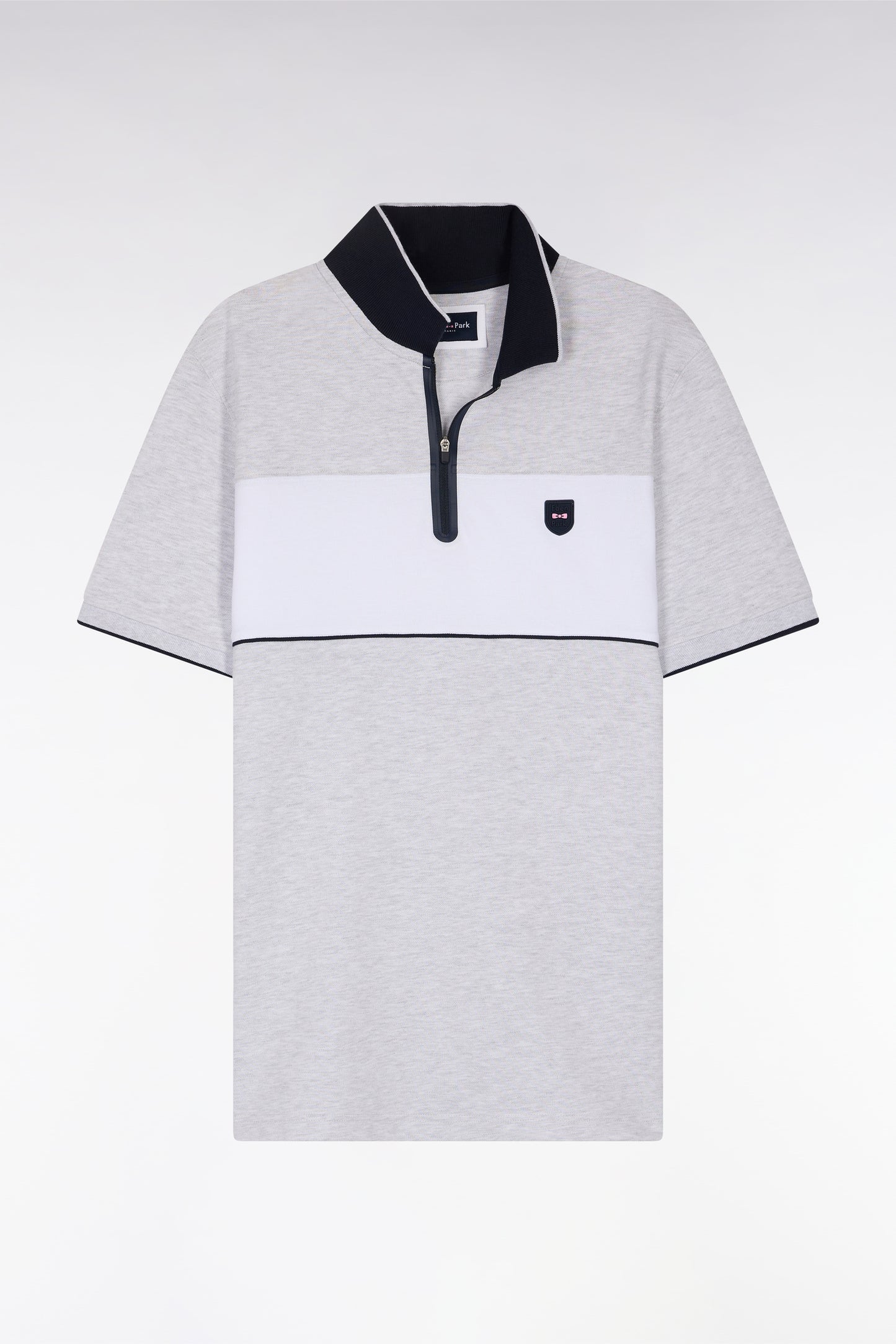 Slim-fit short-sleeved polo shirt in mottled grey stretch cotton piqué with contrasting accents