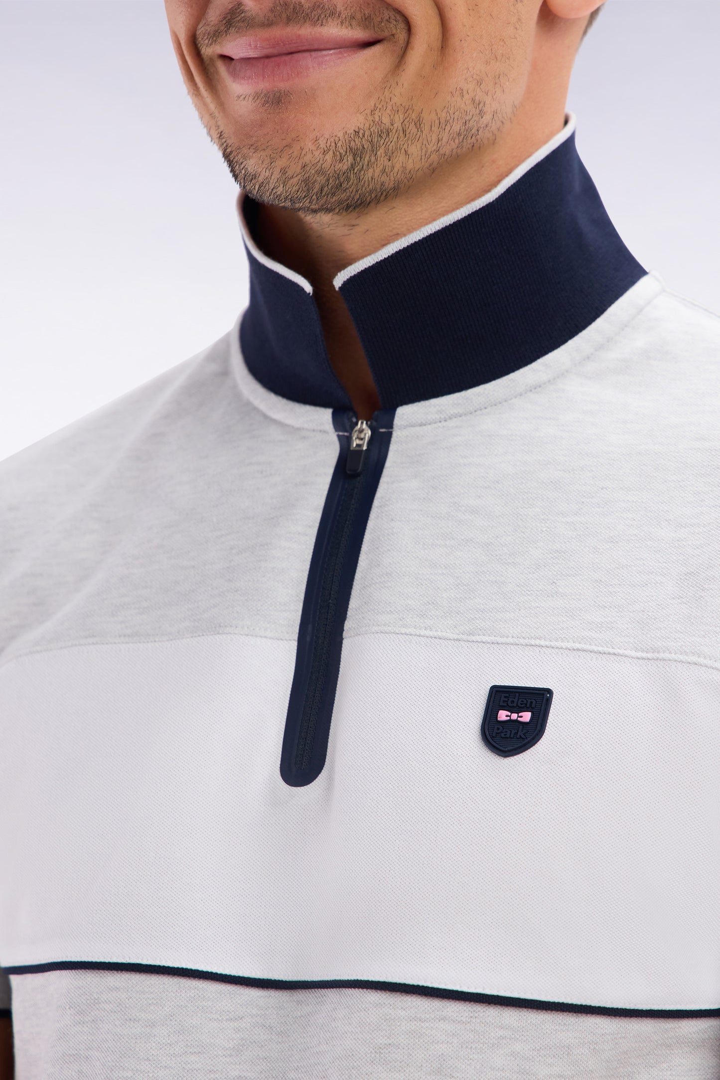 Slim-fit short-sleeved polo shirt in mottled grey stretch cotton piqué with contrasting accents