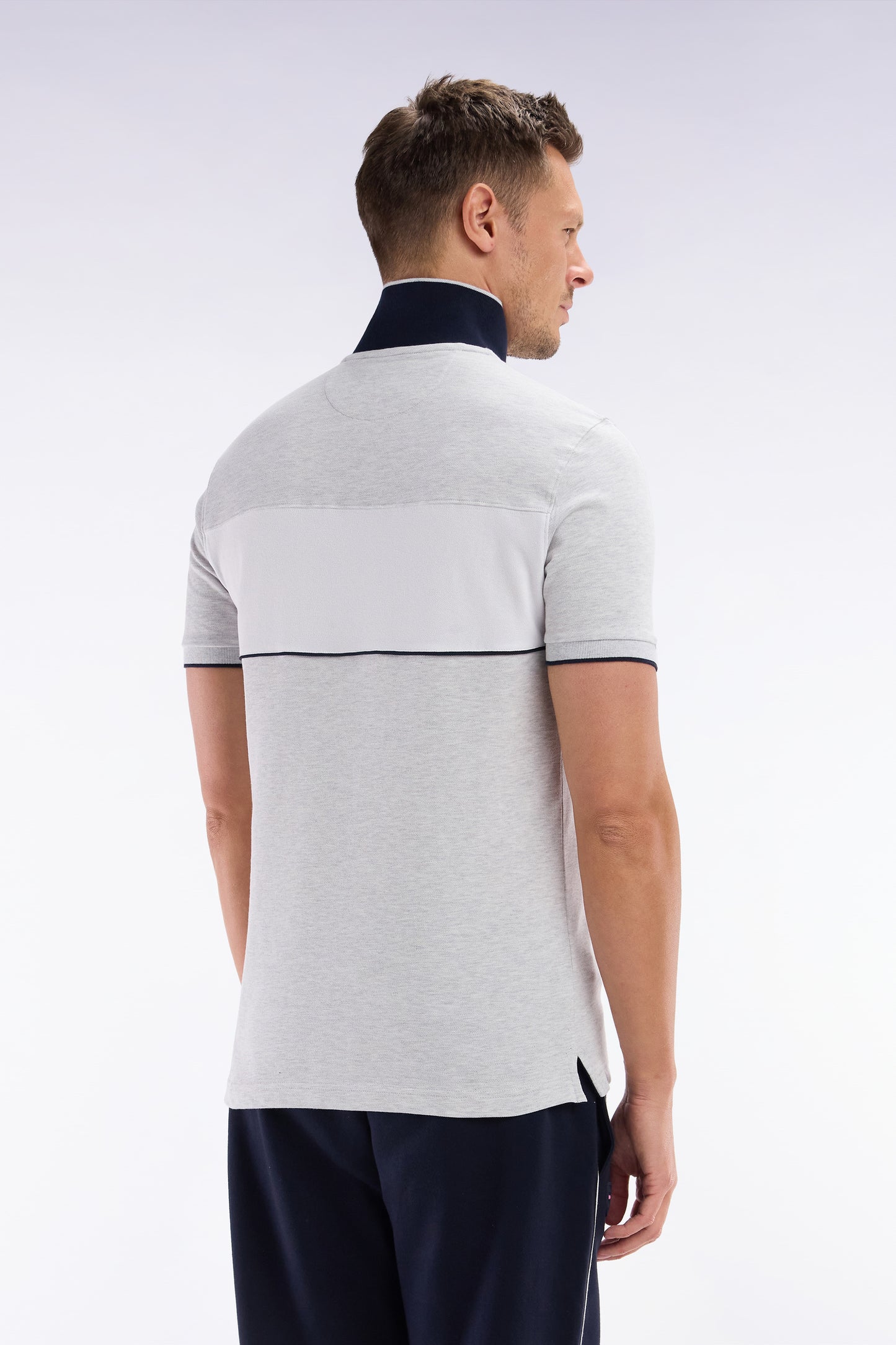 Slim-fit short-sleeved polo shirt in mottled grey stretch cotton piqué with contrasting accents