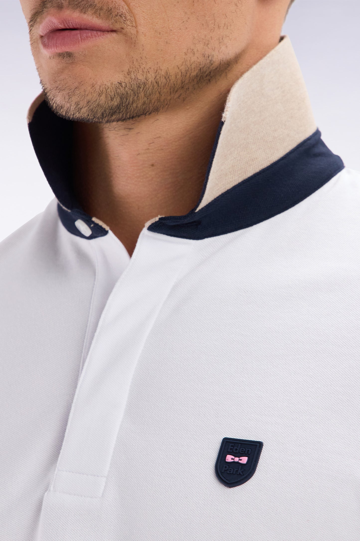 Slim-fit two-tone beige stretch cotton short-sleeved polo shirt