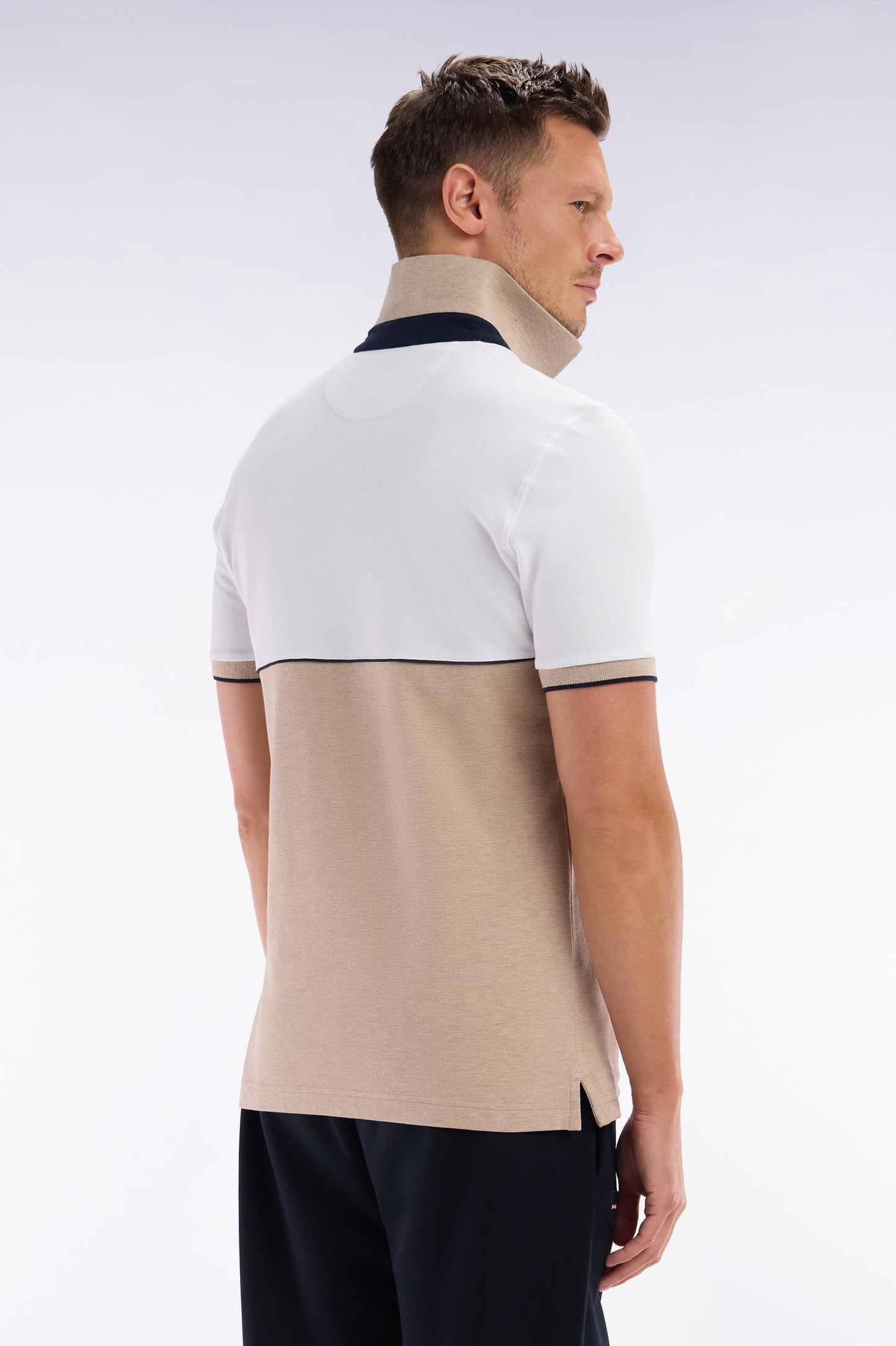Slim-fit two-tone beige stretch cotton short-sleeved polo shirt