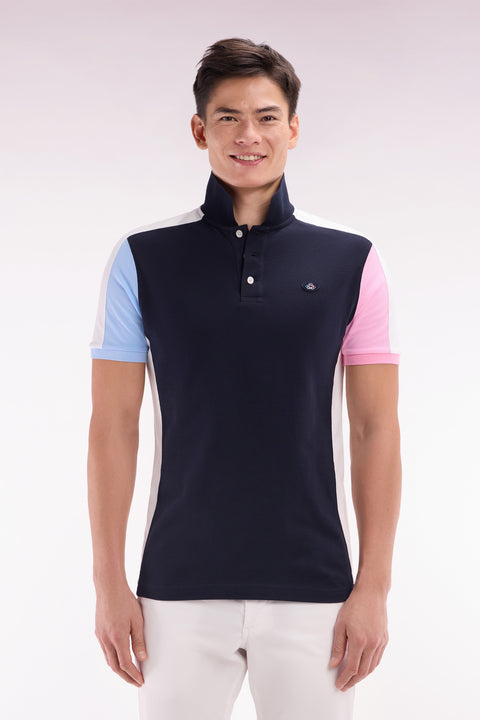 Straight-cut navy blue colorblock short-sleeved cotton polo shirt - Image 1