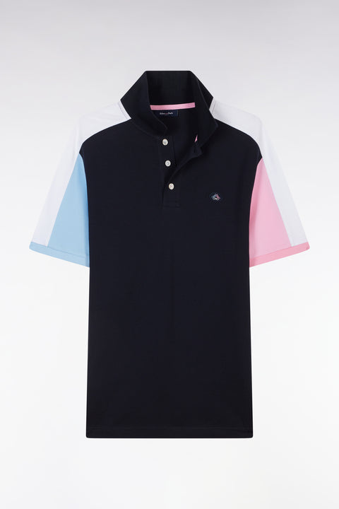 Straight-cut navy blue colorblock short-sleeved cotton polo shirt - Image 2