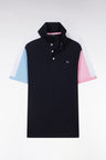 Straight-cut navy blue colorblock short-sleeved cotton polo shirt