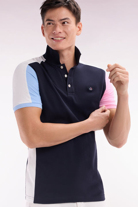 Straight-cut navy blue colorblock short-sleeved cotton polo shirt - Image 3