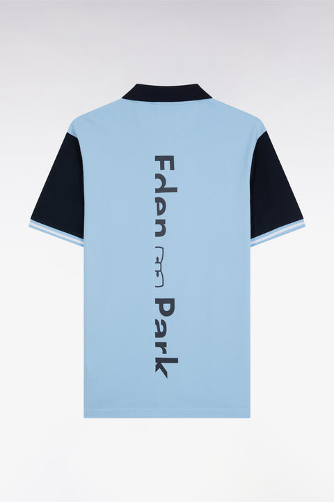 Relaxed-fit short-sleeved sky blue cotton piqué polo shirt with Eden Park back jacquard lettering - Image 1