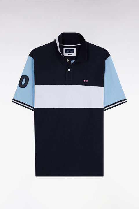 Relaxed-fit short-sleeved navy cotton piqué polo shirt with contrasting stripe - Image 1