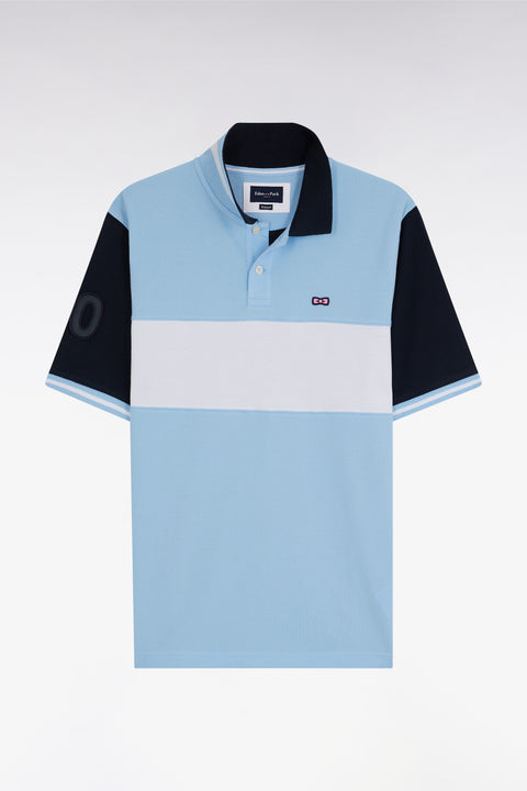 Relaxed-fit short-sleeved sky blue cotton piqué polo shirt with contrasting stripe - Image 1