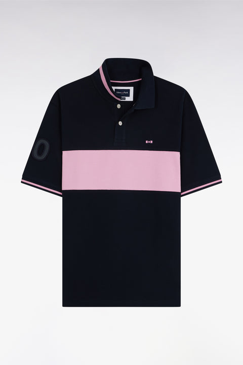 Relaxed-fit short-sleeved pink cotton piqué polo shirt with contrasting stripe - Image 1