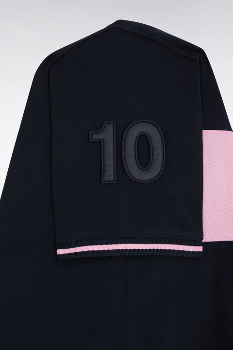 Relaxed-fit short-sleeved pink cotton piqué polo shirt with contrasting stripe - Image 2