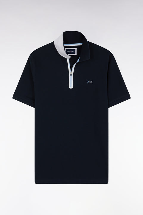 Slim-fit short-sleeved zip-up polo shirt in navy stretch cotton - Image 1