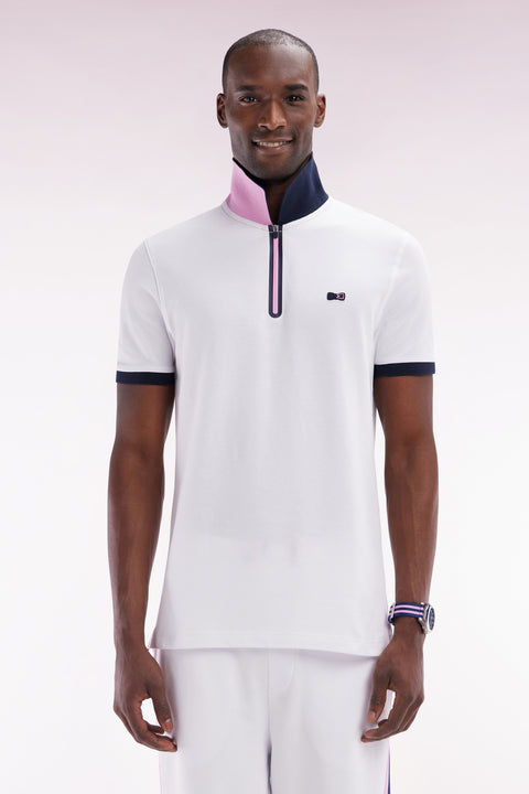 Slim-fit short-sleeved zip-up polo shirt in white stretch cotton - Image 1