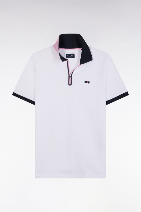 Slim-fit short-sleeved zip-up polo shirt in white stretch cotton - Image 2