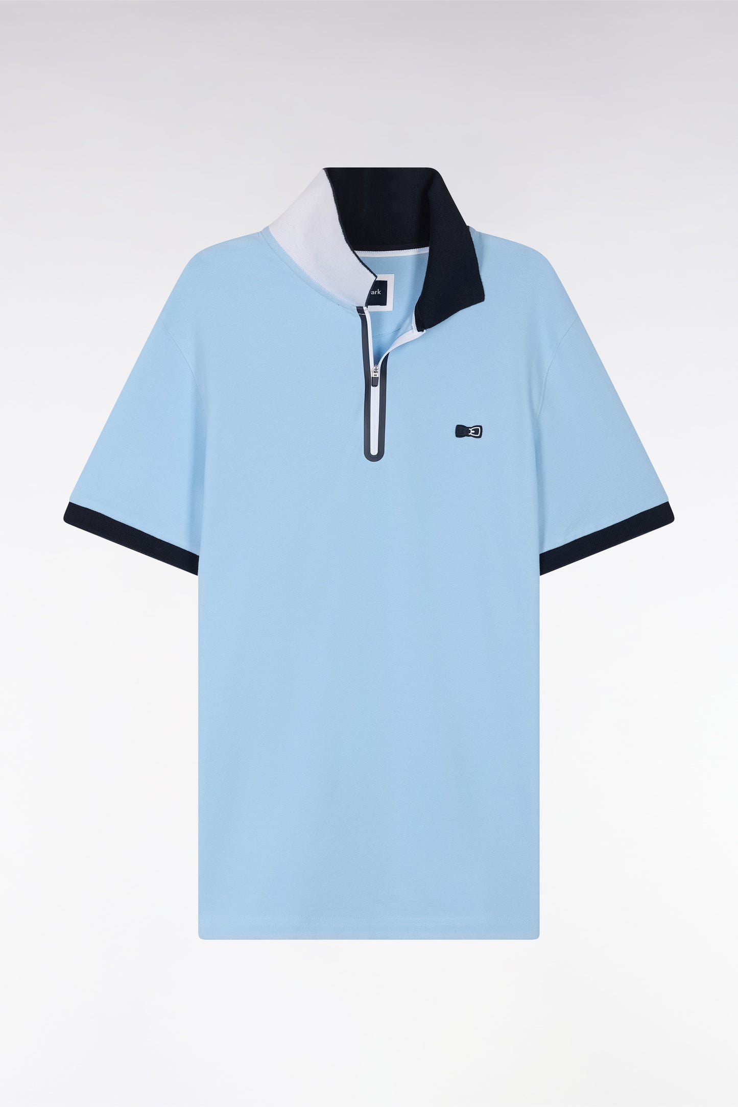Slim-fit short-sleeved zip-up polo shirt in sky blue stretch cotton