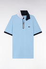 Slim-fit short-sleeved zip-up polo shirt in sky blue stretch cotton
